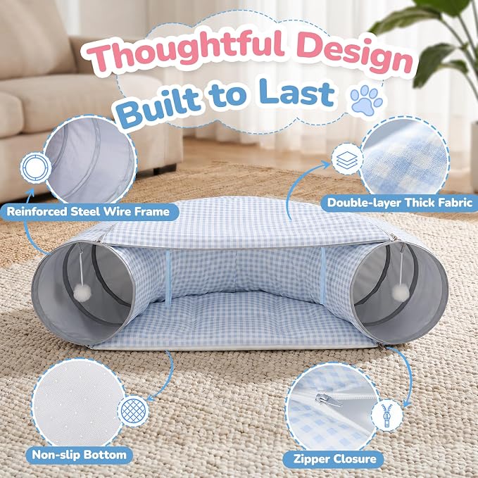Bunny Tunnel Bed, 2-in-1 Collapsible Rabbit Guinea Pig Hideout, Blue | Removable Mat, Small Animal Tubes, Pet Rest Play Toy Indoor for Cats Kittens Rabbits Bunnies Ferret