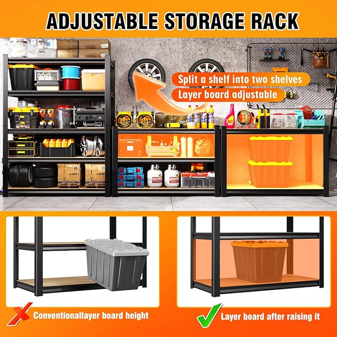 2-Piece Set 71.1''HStorage Shelves, 2500lbs Garage Shelving,Adjustable Heavy Duty Shelving Unit,5t Tall Garage Shelves，Metal Standing Shelf Units,Utility Rack 2 Pack