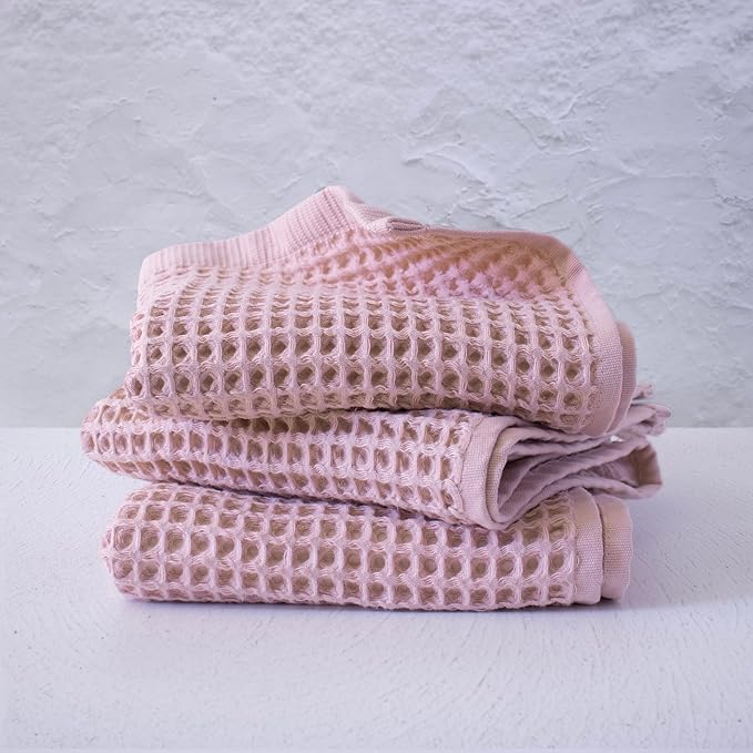 PÜSKÜL - Set of 3 Organic Waffle Hand Towel Pink - Premium Quality, 100% Turkish Cotton, Soft, Quick-Dry, Absorbent, Lint-Free Face Kitchen Hand Towels (Pink Powder, Hand Towels - Pack of 3)