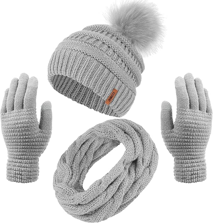 Aneco Womens Winter Warm Sets Knitted Fur Pompoms Beanie Hat Circle Loop Scarf Touch Screen Gloves Winter Favor Accessories