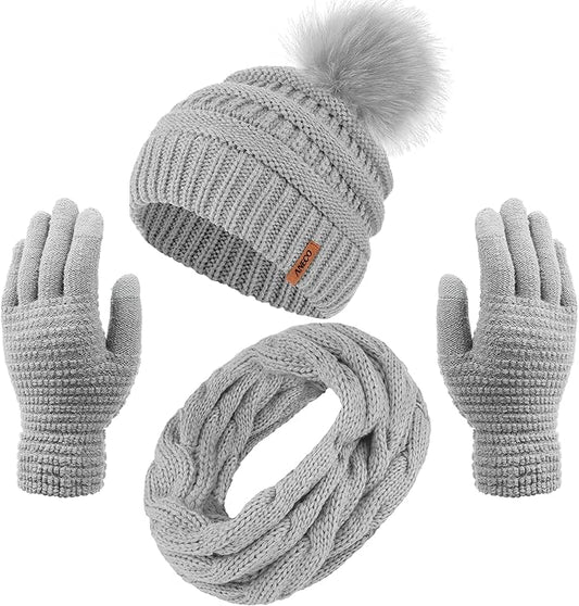 Aneco Womens Winter Warm Sets Knitted Fur Pompoms Beanie Hat Circle Loop Scarf Touch Screen Gloves Winter Favor Accessories