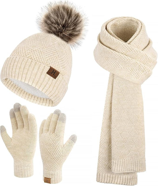 Womens Winter Warm Knit Beanie Hat Long Scarf Touchscreen Gloves Set with Fleece Lined Pom Skull Cap Gifts for Women