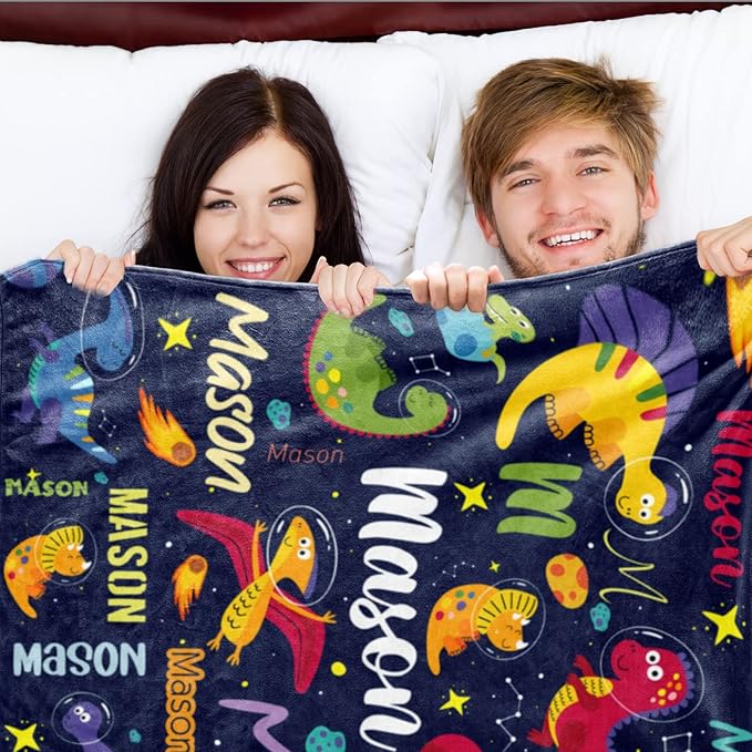 Custom Dinosaur Blanket for Boys, Personalized Name Blanket for Kids Dino Outspace, Soft Flannel Dinosaur Customized Gift for Birthday Christmas Baby Shower Children Day 40"x50"