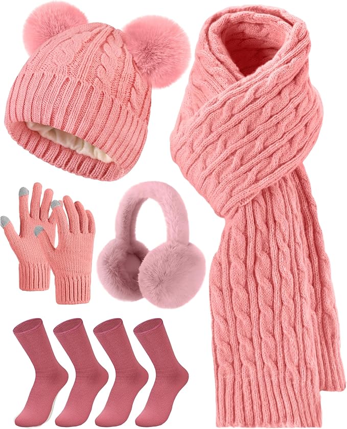Geyoga 6 Pcs Winter Warm Fleece Knit Hat Long Scarf Touchscreen Gloves Ear Muffs Socks Sets, Winter Warm Gifts for Women