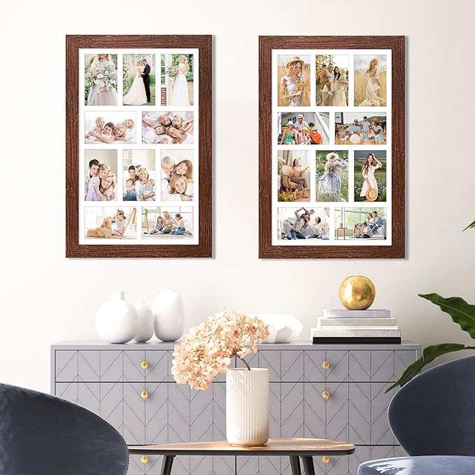 13x21 Picture Frame Display 10 opening 4X6 Picture Frame Collage,Multi Photo Frame with Mat,Plexiglass,Wall Mount Decor,Walnut Wood Grain
