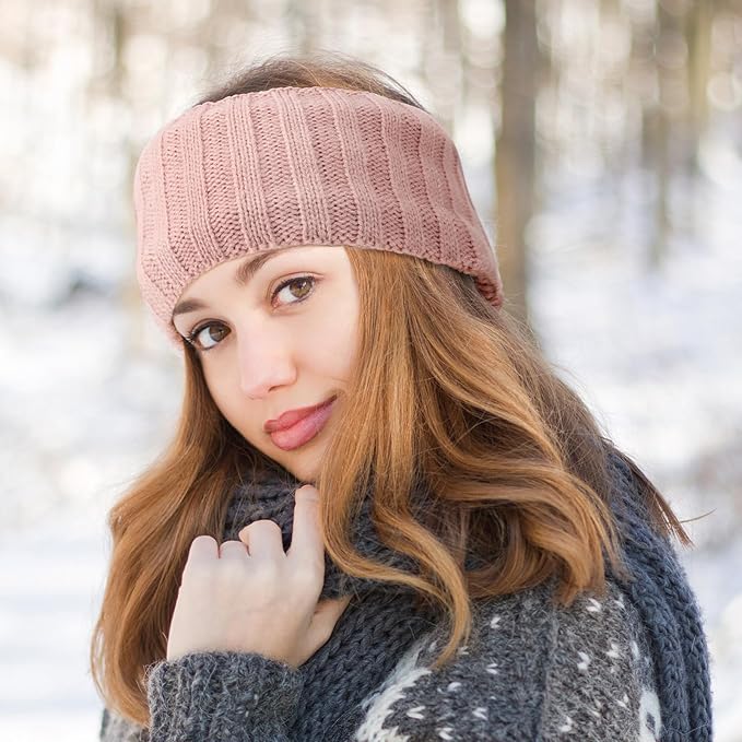 AQOKKA Knit Winter Headbands for Women Fuzzy Wool Fleece Lined Ear Warmers Elastic Turban Crocheted Head Wrap Winter Accessories for Women Cold Weather