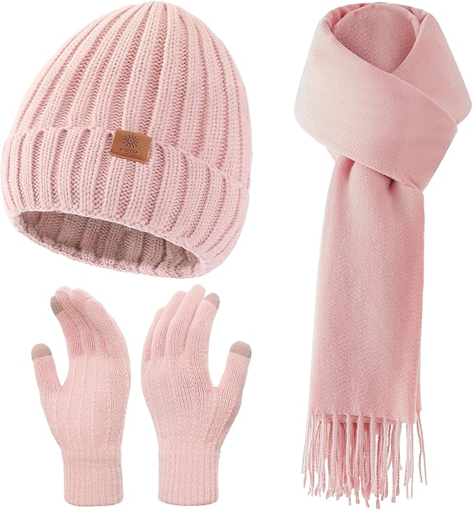 Women Winter Hat Beanie+Long Scarf+Touch Screen Gloves Set, Warm Clothes Set with Knit Fleece Lined for Women/Men Winter