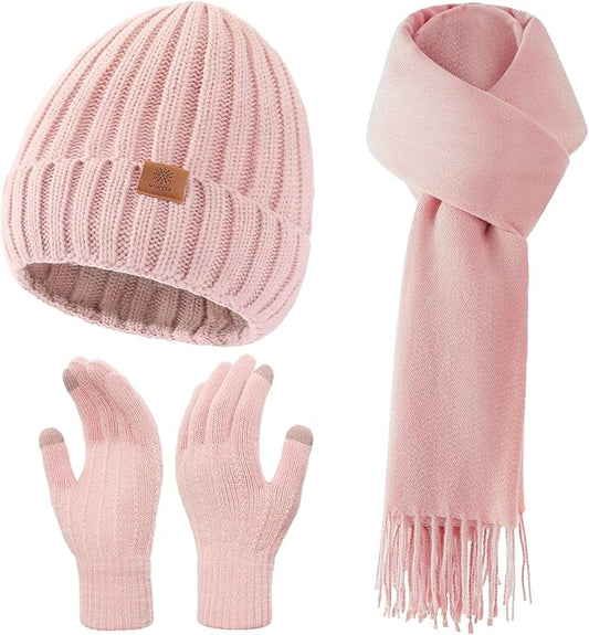 Women Winter Hat Beanie+Long Scarf+Touch Screen Gloves Set, Warm Clothes Set with Knit Fleece Lined for Women/Men Winter