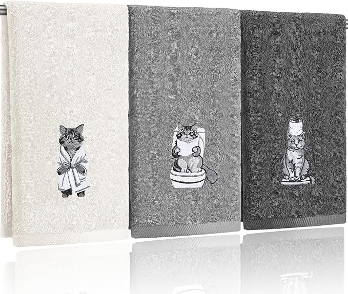 3 Pcs Decorative Hand Towels for Bathroom Cat Grey | 100% Cotton Embroidered Kitchen Towels, Farmhouse Rustic Home Decor, Soft Absorbent 13.3x29.5 Inch, Housewarming Gifts