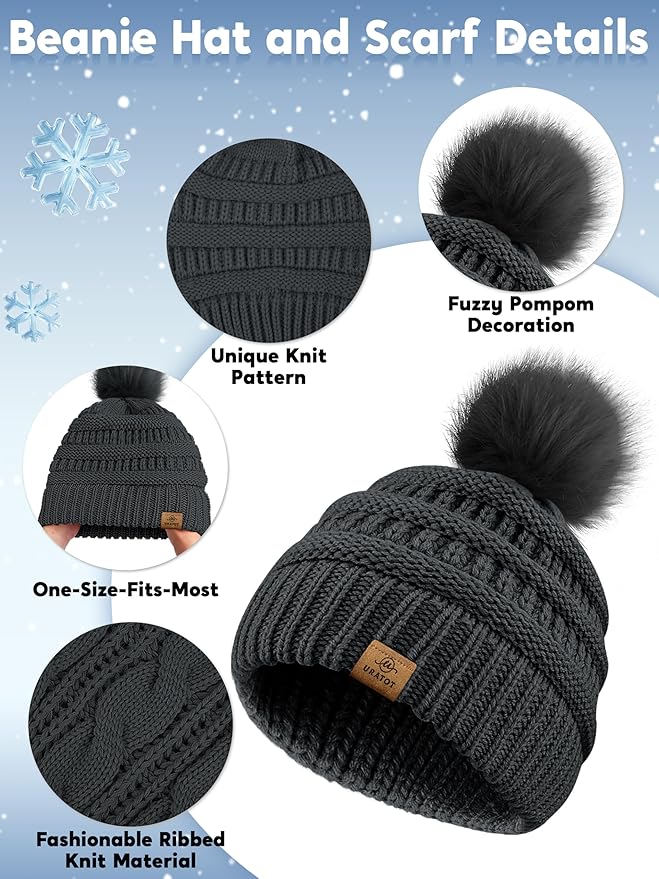 URATOT 4-In-1 Winter Warm Sets Knitted Scarf Touch Screen Gloves Beanie Pompom Hat and Winter Ear Warmer for Men or Women