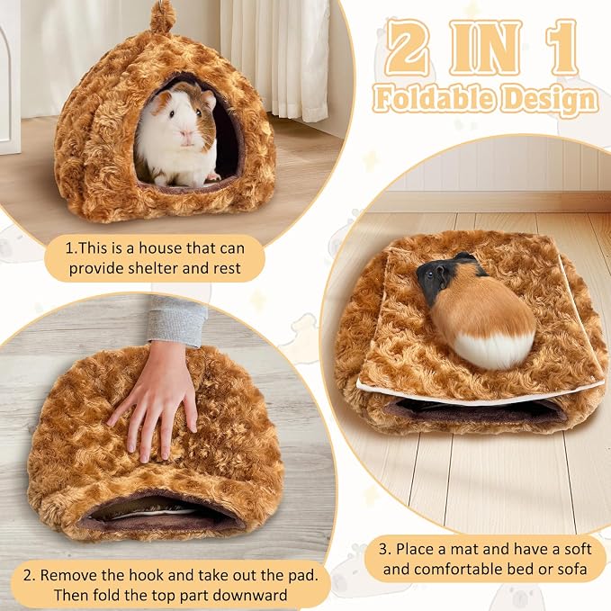 PINVNBY Guinea Pig Hamster Bed Warm Bunny Hideout Dwarf Rabbit Hideway Winter Sleeping Guinea Pig House for Hedgehog Ferret Rat Chinchilla and Other Small Animals（Brown）