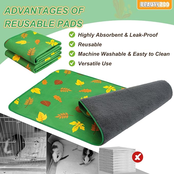 BEAUTYZOO 2Pack Washable Reversible Guinea Pig Cage Liners, Fleece Bedding | 16x24" Fleece Cage Liners, Waterproof Leakproof Super Absorbent Washable Reusable Pee Pads for Guinea Pig, Rabbit, Hamster
