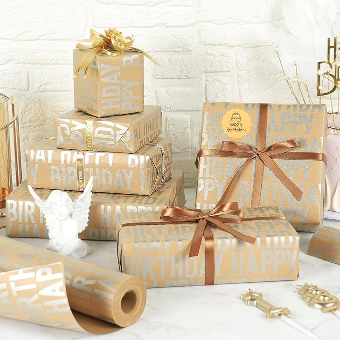 MAMUNU Birthday Wrapping Paper Roll, Silver and Brown Kraft Happy Birthday Wrapping Paper Jumbo Roll for Boys Girls Women Men, 17x590 inch (70 sq. ft.)