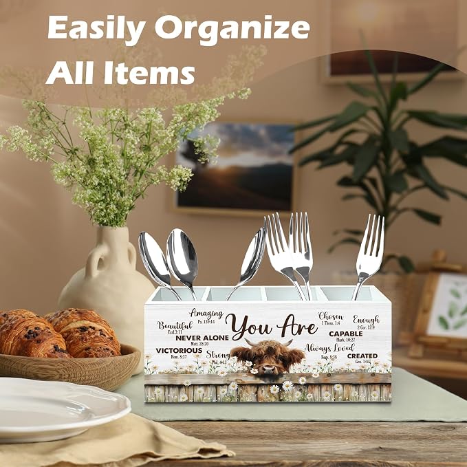 DILSJ Christian Highland Cow 4 Compartment Pen Pencil Holder for Desk | Inspirational Christian Gifts, Rustic Cow Motivational Wooden Box Signs Organizer for Home Office Desk Tabletop Decoration
