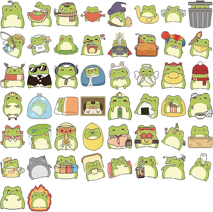 50Pcs Frog Stickers for Kids Teens Adults, Vinyl Cartoon Animals Decals Kawaii Sticker for Decor Water Bottles Laptops Guitar Scrapbook (Frog)