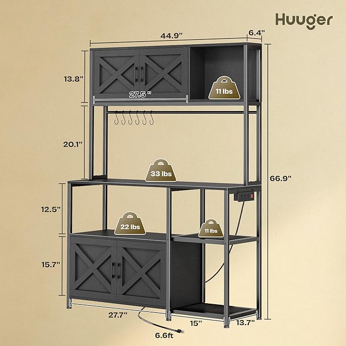 Huuger Large Bakers Rack with Power Outlet, Kitchen Microwave Stand with Cabinets, Coffee Bar Table Station with Storage, 6 S-Shaped Hooks, Mesh Shelves, 45 Inch Wooden Top, Black