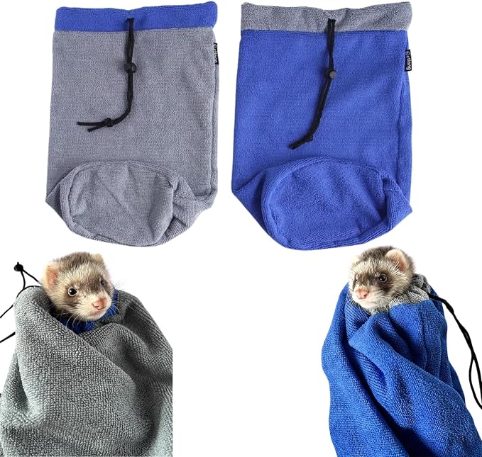 Ferret Bath Towel Bag Fast Drying Absorbent Bathrobe Adjustable Drawstring Bath Robe Small Animal Grooming Accessories for Rabbit Guinea Pig Hamster Cat (Blue+Grey)