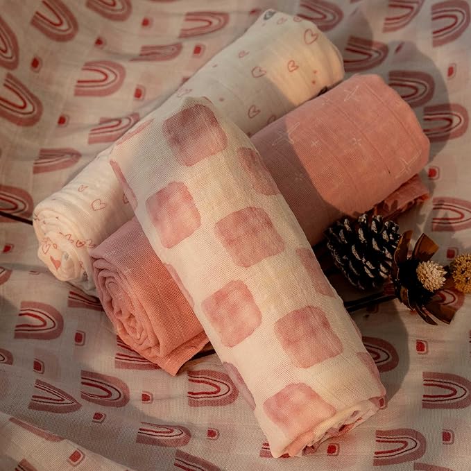 Muslin Swaddle Blankets for Newborn, 4 Pack Organic Cotton Baby Blanket, Large 31.5 x 43.3 Breathable Soft Receiving Blankets Girl, Essentials Swaddle Wrap Burping Clothes, Pink Rainbow