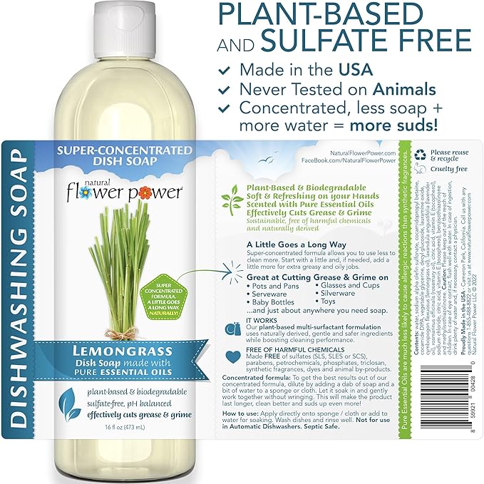 Natural Flower Power Liquid Dish Soap – Variety Pack – Citrus & Spice, Lemongrass, & Lavender – Plant-Based & Scented w/ Pure Essential Oils – Sulfate-Free Kitchen Soap – Vegan (16 Fl Oz 3 Pack)