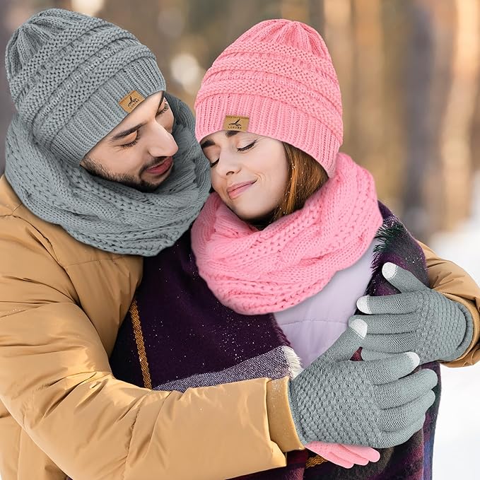 Winter Beanie Hat Scarf Gloves, Warm Fleece Knit Hats Touch Screen Gloves Neck Scarf Set Winter Gifts for Unisex Adult
