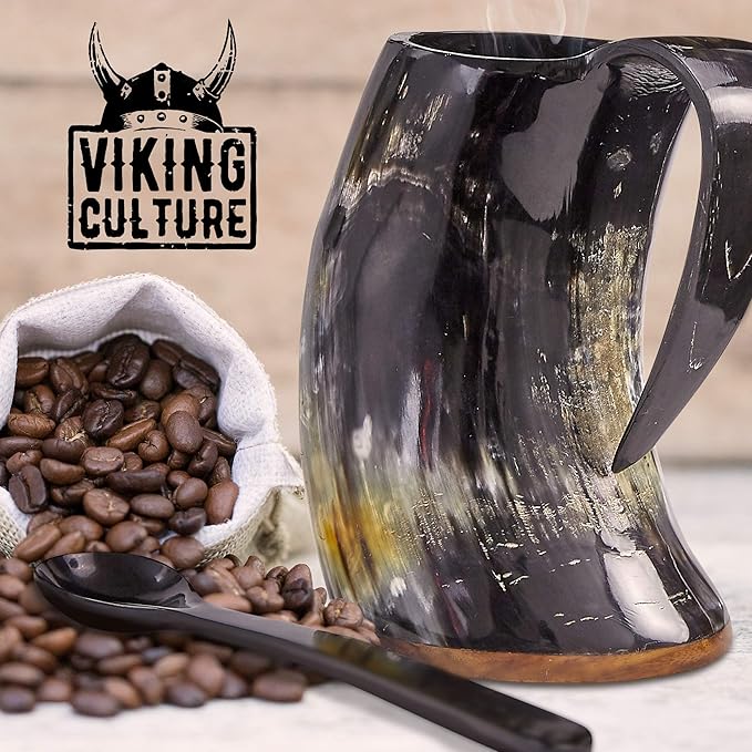Viking Culture Coffee Horn Mug with Spoon, Plate and Bag, 3 Pc Set, Horned Handle with Rustic Natural Finish, Safely Holds Hot and Cold Tea, Cocoa, Wine, Beer or Mead