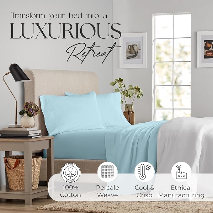 SUPREME ELEGANCE King Size Sheets Set –Natural 100% Cotton Percale Sheets King Bed Set, Oeko-tex Made in Green Sustainable, Breathable Cooling Deep Pocket Sheet, Crisp Luxury Bedding, Sky Blue
