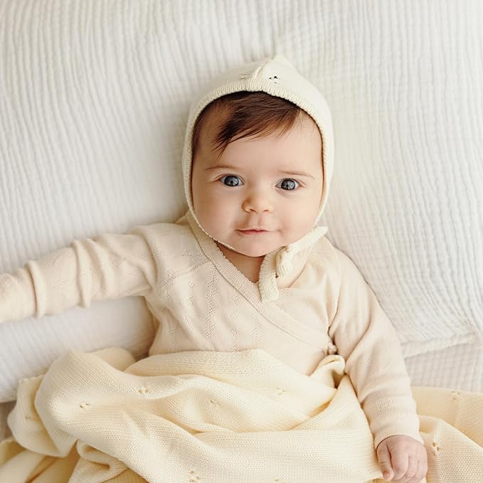Organic Pointelle Baby Blanket + Hat Gift Set for Boys & Girls - 100% Soft Luxury Cotton Swaddle Blanket + Bonnett Registry for Newborns & Infants (Dove Grey + Hat)