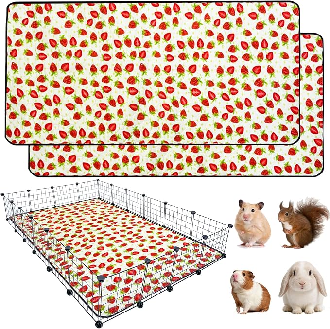 2 Pack Guinea Pig Cage Liners, 48"x 72" Washable Waterproof Bedding for Rabbit, Bunny, Hamster & Small Animals, Reusable Super Absorbent Pee Pads for C&C Cage, Strawberry Print