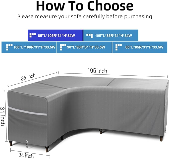 Rosefray Outdoor L-Shaped Sectional Cover-600D Patio Sectional Sofa Cover, Waterproof Furniture Covers for Deck, Lawn,Backyard 85”x105”Left Facing Gray