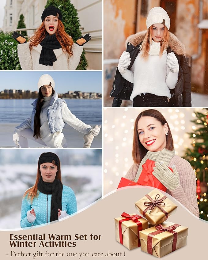 Women Beanie Scarf Gloves Headband Set, Winter Fleece Lined Hat Ear Warmer Knit Scarf Women Gloves Gift Set 4 in 1