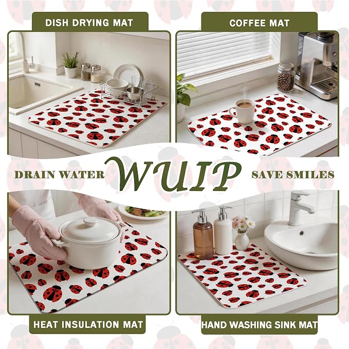 Red Ladybug Dish Drying Mats for Kitchen Counter, Ladybug Gifts for Women, Ladybird Absorbent Reversible Coffee Bar Mat Drying Pad for Kitchen Decor, 12x15 Inch
