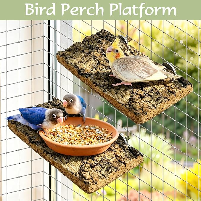 Bird Perch Platform 4PCS Flat Parrot Perch Stand Rectangle Parakeet Shelf Cork Bark Perches Wooden Bird Cage Accessories for Cockatiel Budgie Conure Finch Chinchilla