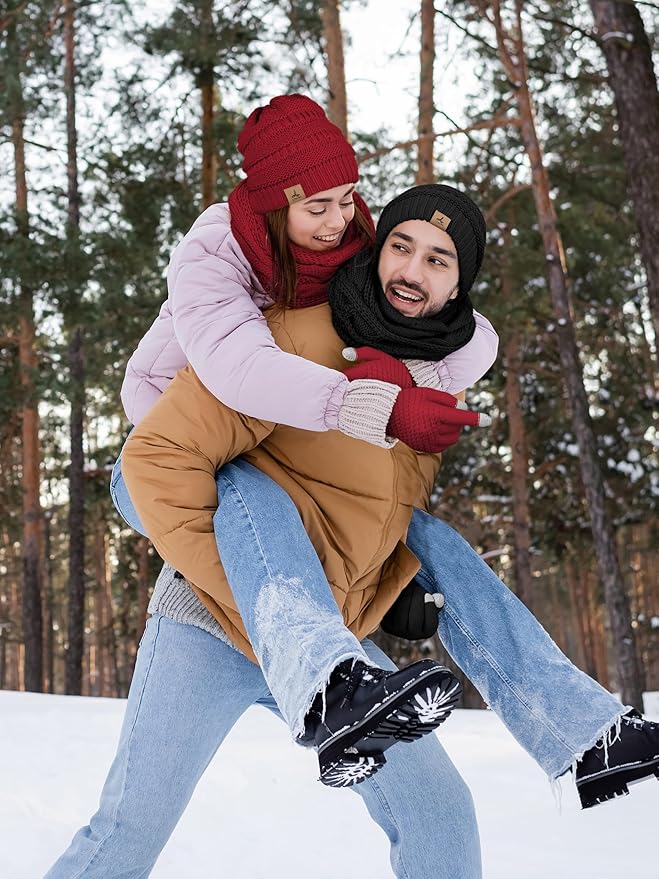 Winter Beanie Hat Scarf Gloves, Warm Fleece Knit Hats Touch Screen Gloves Neck Scarf Set Winter Gifts for Unisex Adult