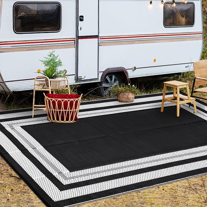 Outdoor Rug 8x10 Waterproof Patio Rugs Modern Border Reversible Mat for Front Door Rv Foldable Plastic Straw Carpet for Travel Trailers, Picnic, Porch, Camper, Balcony, Beach，Black/White
