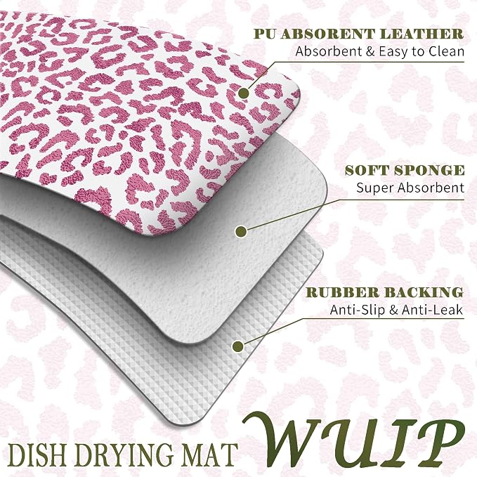 Pink Cheetah Print Dish Drying Mats for Kitchen Counter, Retro Funky Pink Cheetah Absorbent Reversible Coffee Bar Mat Drying Pad for Leopard Print Kitchen Decor, 12x15 Inch