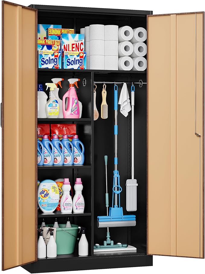 SISESOL Wide & Deep Metal Storage Cabinet with Hanging Rod,Broom Closet Storage Cabinet with Lock,72" Tall Wardrobe Cabinets with Doors and Shelves,Locking Steel Tool Cabinets for Home,Office,Garage