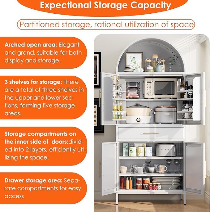 Metal Arched Kitchen Pantry Cabinet with Adjustable Shelves and Drawer,Farmhouse Pantry Cabinet with 2 Doors for Kitchen,Dining Room, Assembly Required,White