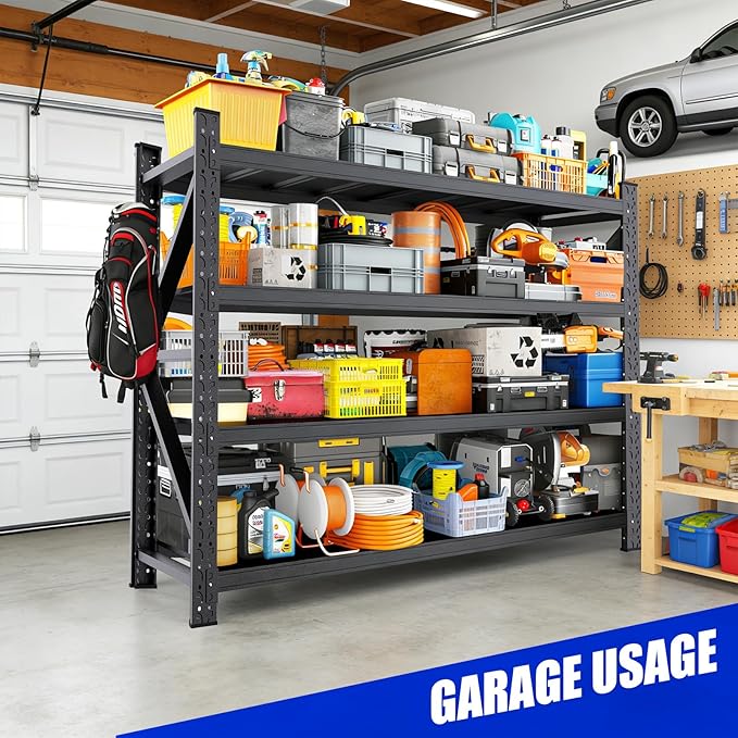 71''W Garage Shelving Adjustable Garage Shelves 5000LBS Storage Shelves,4-Tier Metal Shelving Unit Storage Shelf, Easy Assembly Utility Shelf for Warehouse, Basement, Black (70'H x 71''W x 24''D)