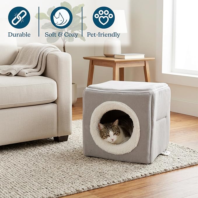 Cat House - Indoor Bed with Removable Foam Cushion - Cat Cave for Puppies, Rabbits, Guinea Pigs, Hedgehogs, and Other Small Animals by PETMAKER (Gray)