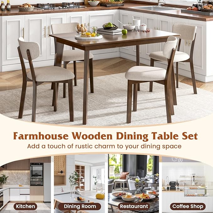 GOFLAME 5-Piece Dining Table Set for 4, Farmhouse Kitchen Table & 4 Upholstered Chairs with Rubber Wood Frame, Padded Seat, Curved Backrest, Space-Saving Dinette Set for Dining Room, Small Space