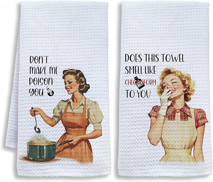 Sarcastic Funny Kitchen Towels, Hostess Gifts, Retro Housewife Dish Tea Towels for Kitchen, Funny Sarcastic Gifts for Women Decorative Hand Towel, 16x24 Inch Set of 2