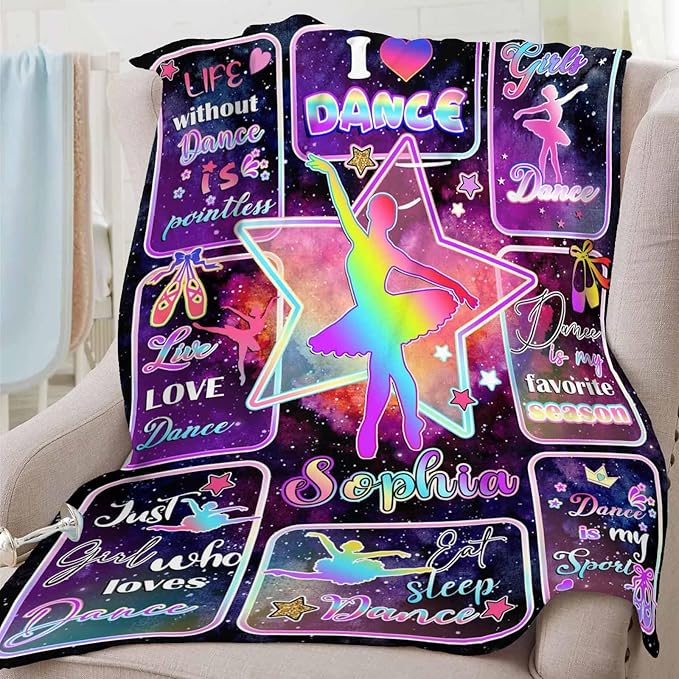 D-Story Custom Blanket with Name - Personalized Throw Blankets for Girls & Boys - Dancing Girl Design - Christmas & Birthday Gift