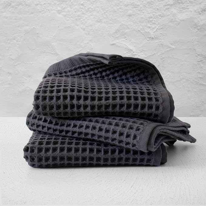 PÜSKÜL - Set of 3 Organic Waffle Hand Towel Gray - Premium Quality, 100% Turkish Cotton, Soft, Quick-Dry, Absorbent, Lint-Free Face Kitchen Hand Towels (Dark Gray, Hand Towels - Pack of 3)
