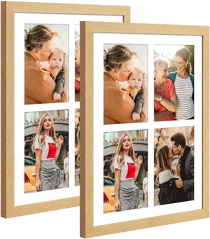 9x13 Collage frame with 4 Openings 4X6 Pictures, Multiple Picture Frame with Mat, Wall or Tabletop Decor, Natural Wood Grain,2 Pack