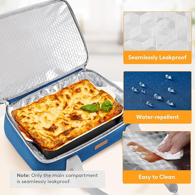 LUNCIA Insulated Single Decker Casserole Carrier, Lasagna Lugger Tote Keeps Food Hot or Cold, Thermal Lunch Bag for Potluck Parties, Picnic and Cookouts, Fits 9" x 13" Baking Dish, Pure Blue