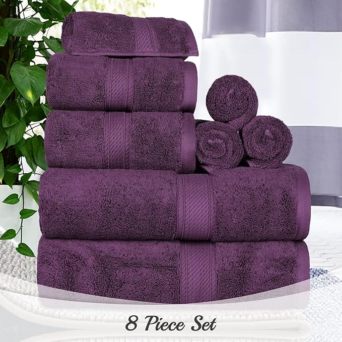 BLUENILEMILLS Madison Egyptian Cotton Towels, Towel Set for Bathroom, Shower, Hotel, Plush, 900 GSM, Highly Absorbent and Ultra-Soft Towels, Bath Essentials, 8 Piece Assorted Towel Set, Plum