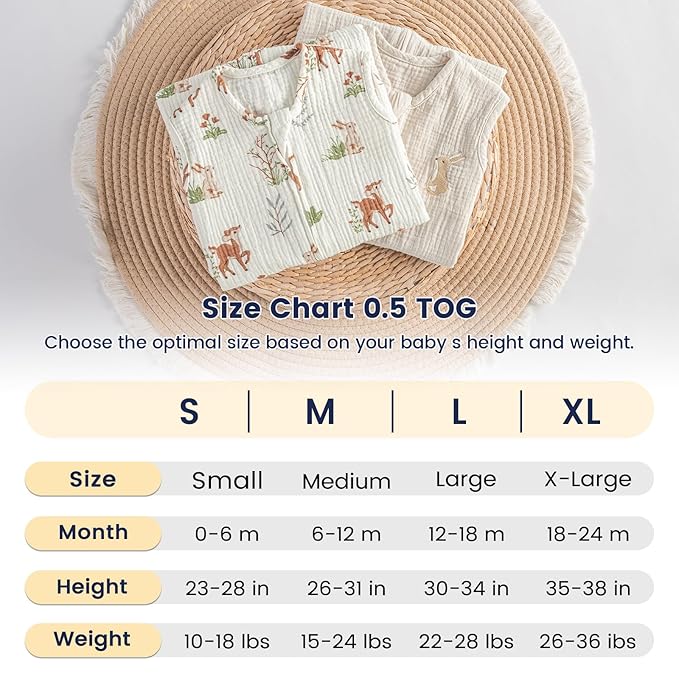 PHF 100% Muslin Cotton Baby Sleep Sack, 0-6 Months Baby Wearable Blanket with 2-Way Zipper, 2 Pack Soft Breathable Cooling 0.5 TOG Small Size Sleeveless Sleeping Bag for Boys/Girls, Woodland