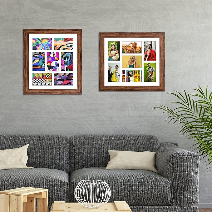 13.5x15.5 Picture Frame Display 7 opening 4X6 Picture Frame Collage,Multi Photo Frame with Mat,Plexiglass,Wall or Tabletop Decor,Carbonized Brown Wood Grain