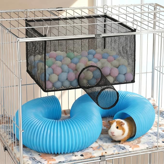 Mifoci Ferret Ball Hammock with Tunnel, Hanging Mesh Play Cube for Cage, Washable Small Animal Bed for Ferrets, Rats, Chinchillas & Guinea Pigs, 4 Clips, Black, (Balls Not Included)