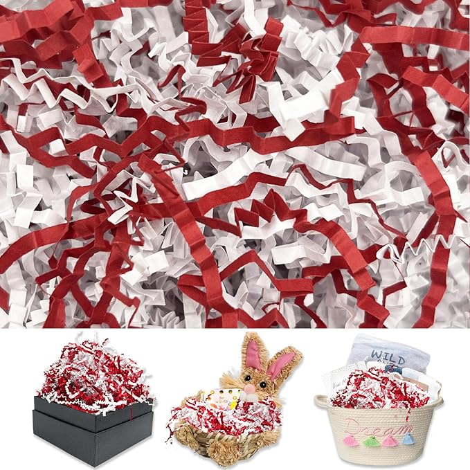 Red White Crinkle Cut Paper Shred Filler, 2 LB Basket Filler Shredded Paper, Confetti Stuffing for Basket Filling, Mother's Day, Birthdays, Weddings, DIY Gift Wrapping, Stuffer Party Supplies